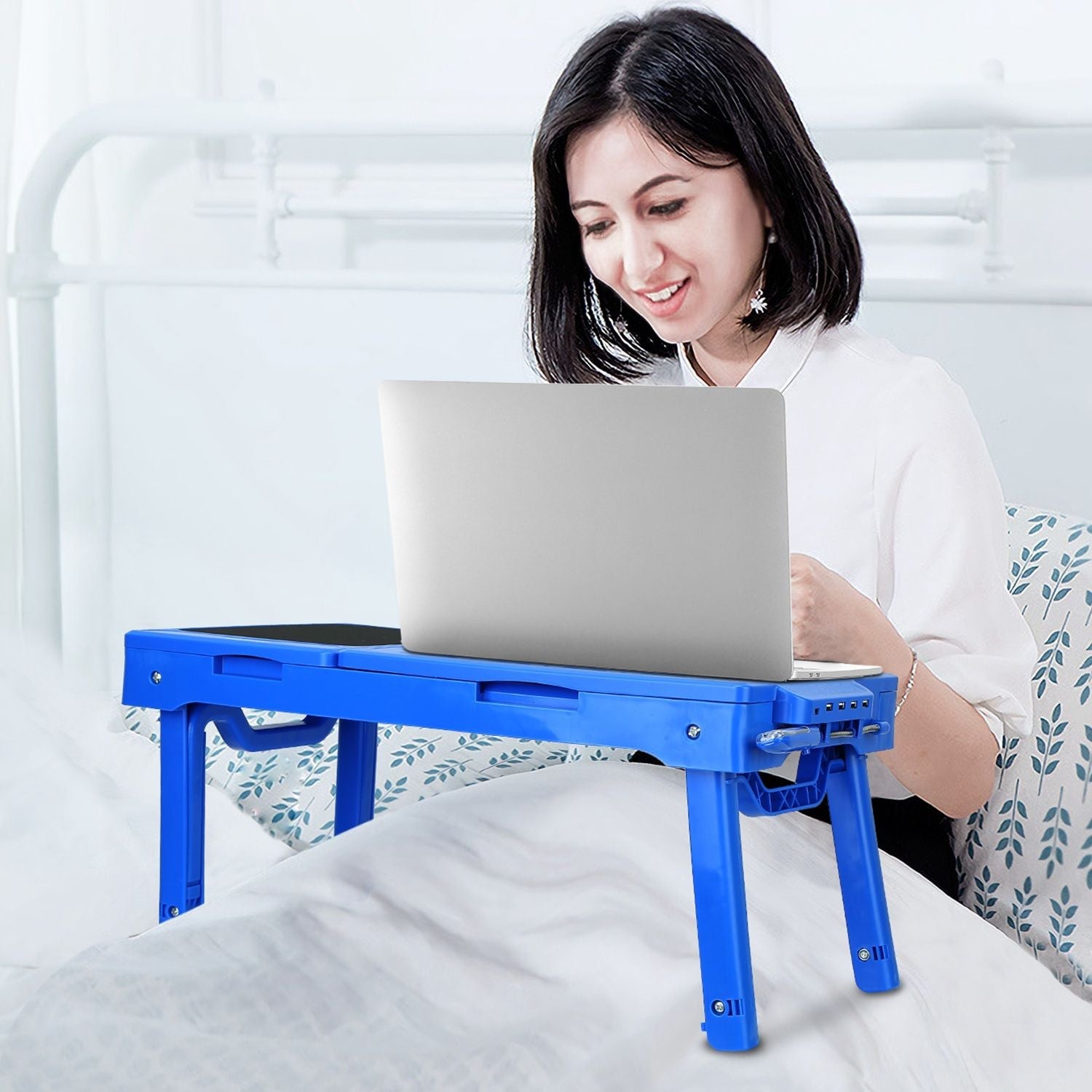 Foldable Laptop Table Bed Notebook Desk with Cooling Fan Mouse Board LED light 4 xUSB Ports Breakfast Snacking Tray - Renee Lane Company