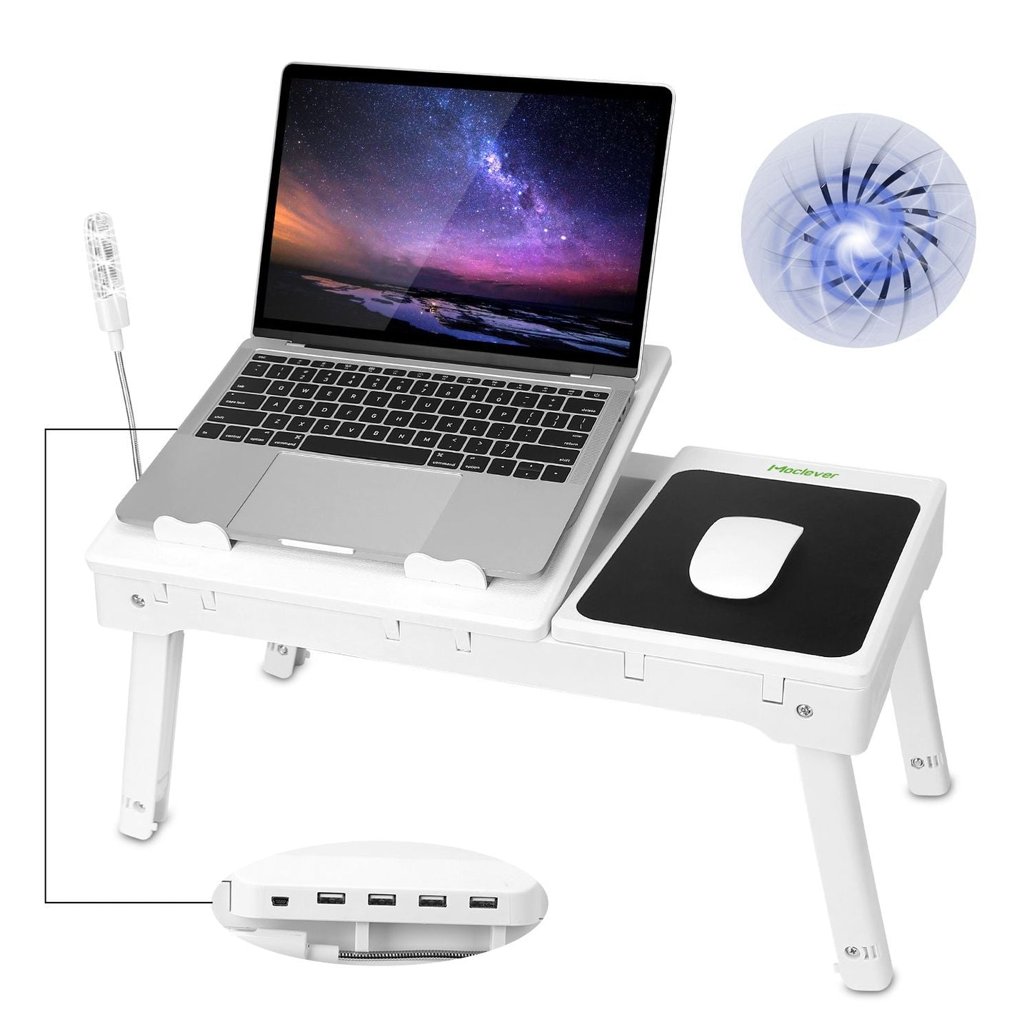 Foldable Laptop Table Bed Notebook Desk with Cooling Fan Mouse Board LED light 4 xUSB Ports Breakfast Snacking Tray - Renee Lane Company