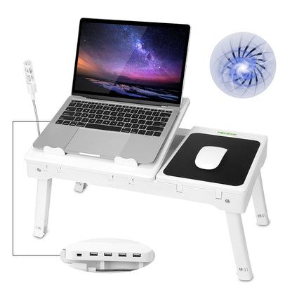 Foldable Laptop Table Bed Notebook Desk with Cooling Fan Mouse Board LED light 4 xUSB Ports Breakfast Snacking Tray - Renee Lane Company