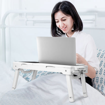 Foldable Laptop Table Bed Notebook Desk with Cooling Fan Mouse Board LED light 4 xUSB Ports Breakfast Snacking Tray - Renee Lane Company