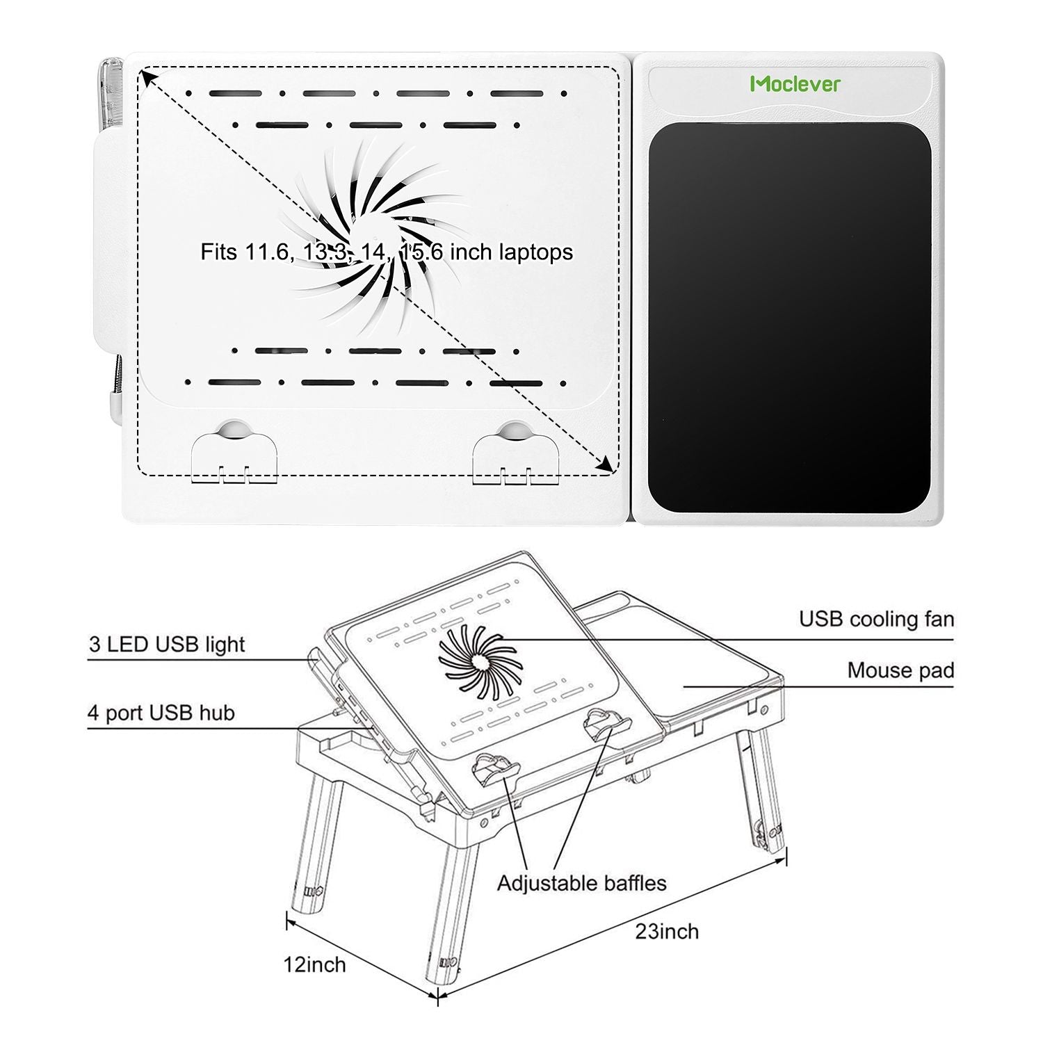 Foldable Laptop Table Bed Notebook Desk with Cooling Fan Mouse Board LED light 4 xUSB Ports Breakfast Snacking Tray - Renee Lane Company