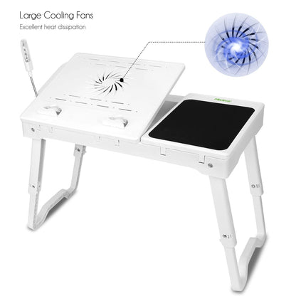 Foldable Laptop Table Bed Notebook Desk with Cooling Fan Mouse Board LED light 4 xUSB Ports Breakfast Snacking Tray - Renee Lane Company