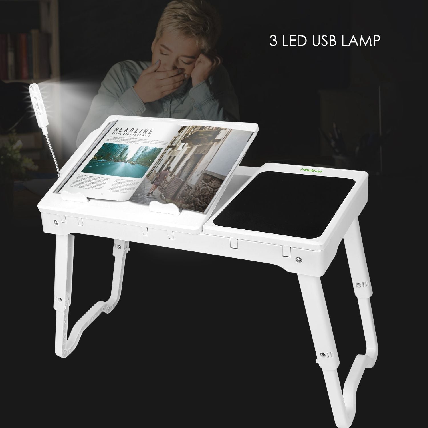 Foldable Laptop Table Bed Notebook Desk with Cooling Fan Mouse Board LED light 4 xUSB Ports Breakfast Snacking Tray - Renee Lane Company