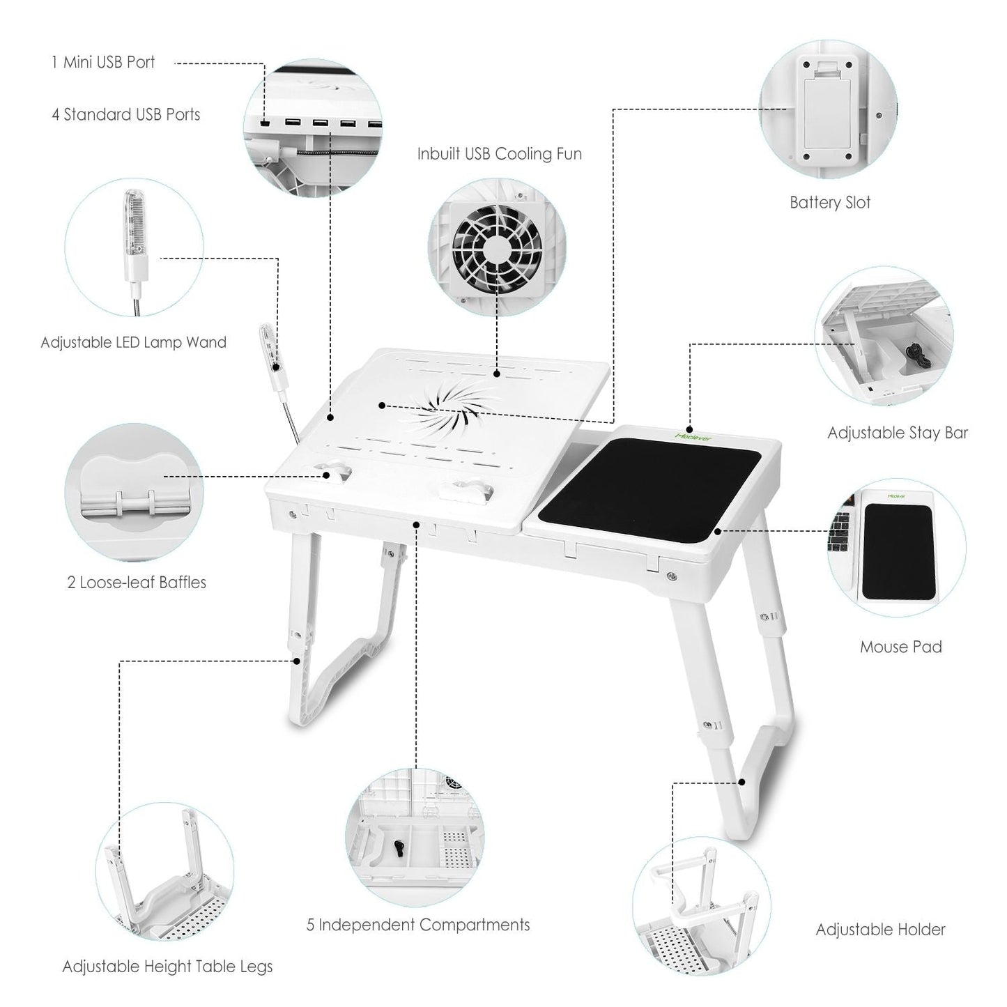 Foldable Laptop Table Bed Notebook Desk with Cooling Fan Mouse Board LED light 4 xUSB Ports Breakfast Snacking Tray - Renee Lane Company