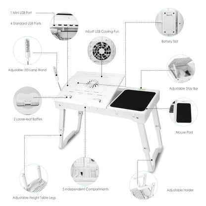 Foldable Laptop Table Bed Notebook Desk with Cooling Fan Mouse Board LED light 4 xUSB Ports Breakfast Snacking Tray - Renee Lane Company
