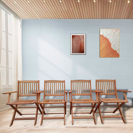 Teak foldable patio dining chair set of four, front view