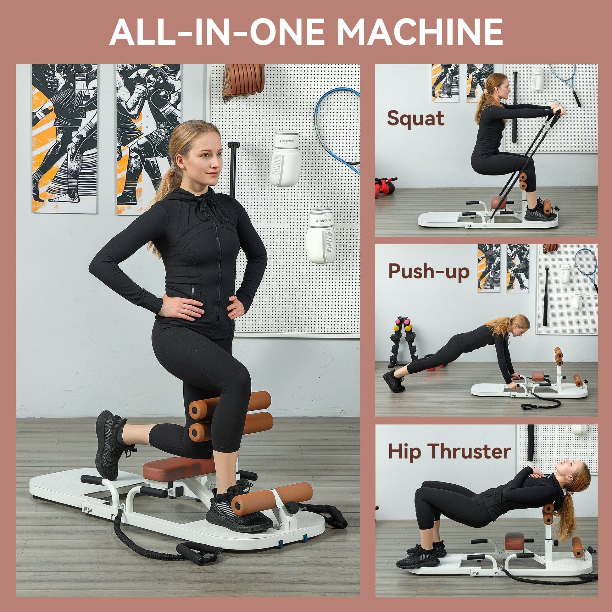 Foldable Sissy Squat Machine, Hip Thrust Machine with Push Up Stand, Multipurpose Glute Workout Equipment, White - Renee Lane Company