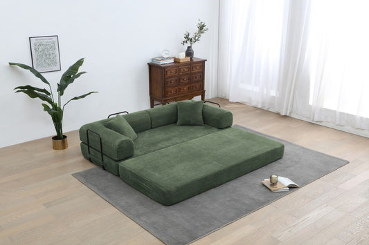 Army green foldable sofa bed with armrests and bolster pillows, opened flat