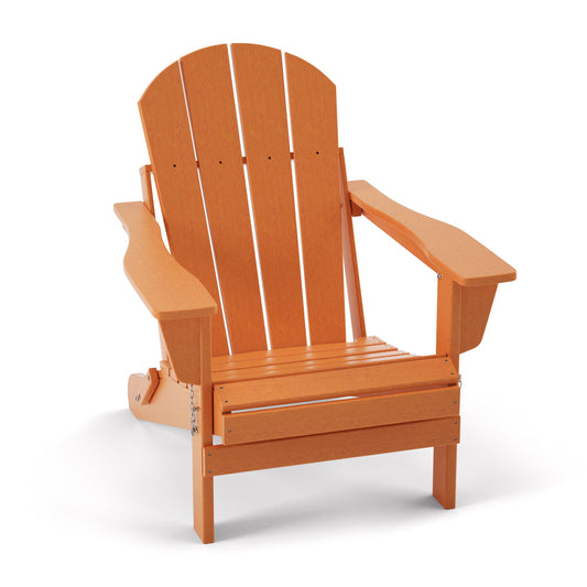 Folding Adirondack-style patio chair with slatted back and seat, orange resin finish