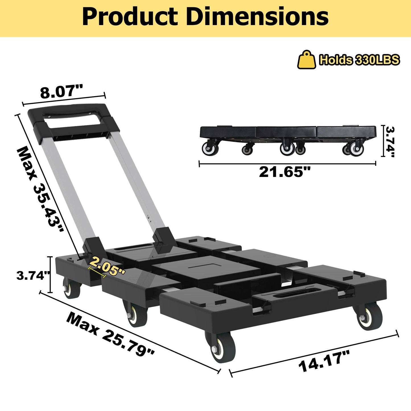 Folding Hand Truck 330lbs, Portable Heavy Duty Dolly Cart, 6 Wheels Collapsible Luggage Cart with 1 Elastic Ropes - Compact Trolley Cart for Easy Moving - Renee Lane Company