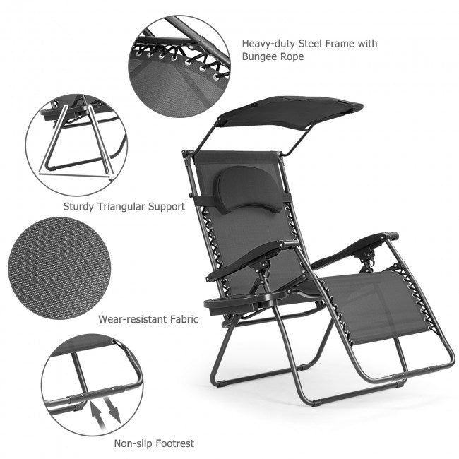Folding Recliner Lounge Chair with Shade Canopy Cup Holder - Renee Lane Company