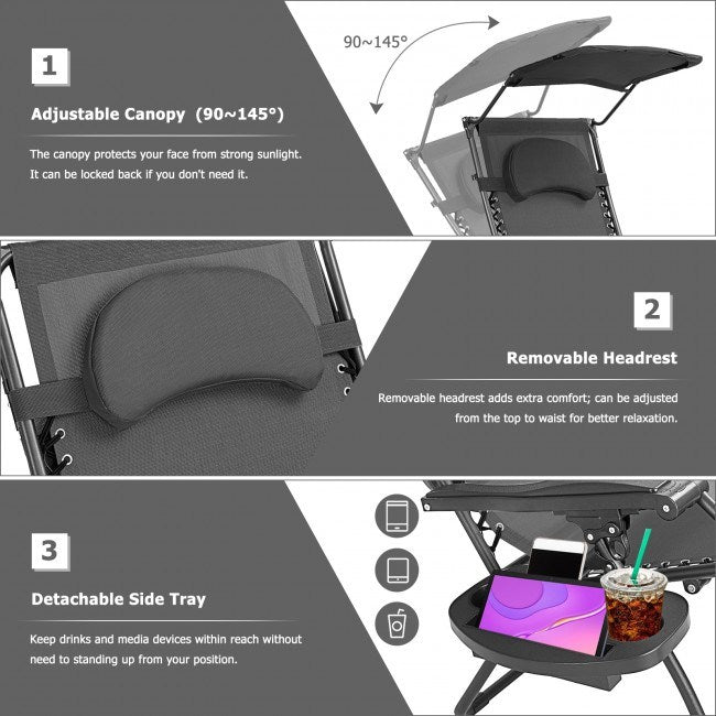 Folding Recliner Lounge Chair with Shade Canopy Cup Holder - Renee Lane Company