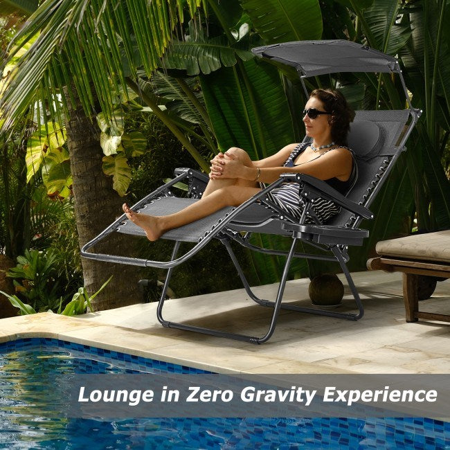 Folding Recliner Lounge Chair with Shade Canopy Cup Holder - Renee Lane Company