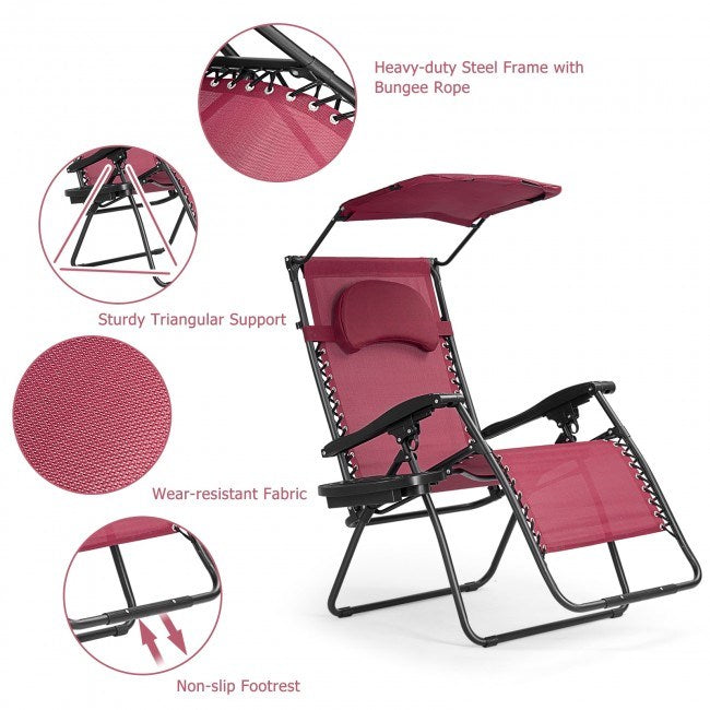 Folding Recliner Lounge Chair with Shade Canopy Cup Holder - Renee Lane Company