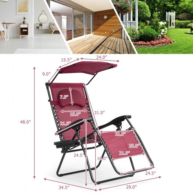 Folding Recliner Lounge Chair with Shade Canopy Cup Holder - Renee Lane Company