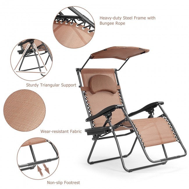 Folding Recliner Lounge Chair with Shade Canopy Cup Holder - Renee Lane Company