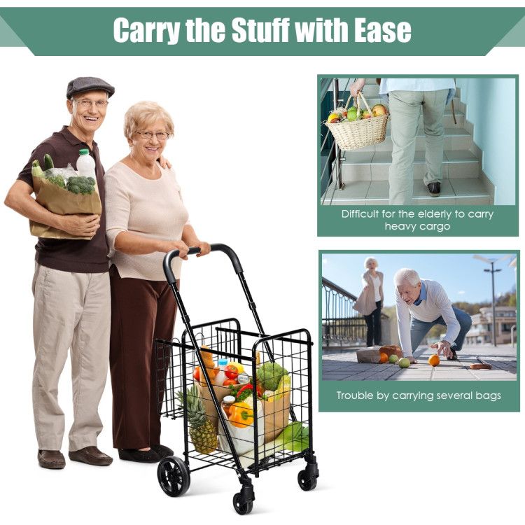 Folding Shopping Basket Rolling Trolley with Adjustable Handle - Renee Lane Company