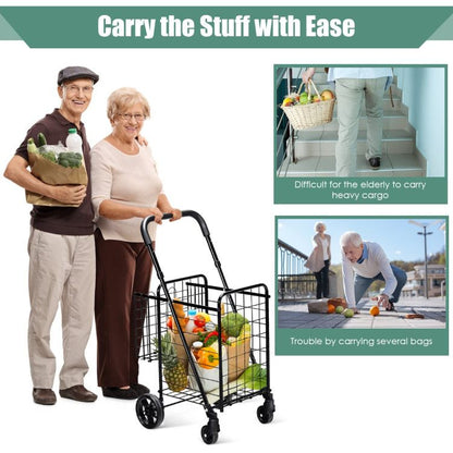 Folding Shopping Basket Rolling Trolley with Adjustable Handle - Renee Lane Company