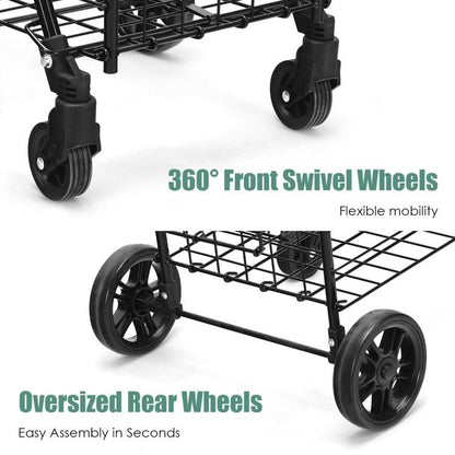 Folding Shopping Basket Rolling Trolley with Adjustable Handle - Renee Lane Company