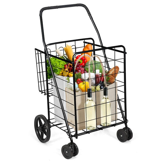 Black folding shopping cart with swiveling wheels and front basket filled with groceries