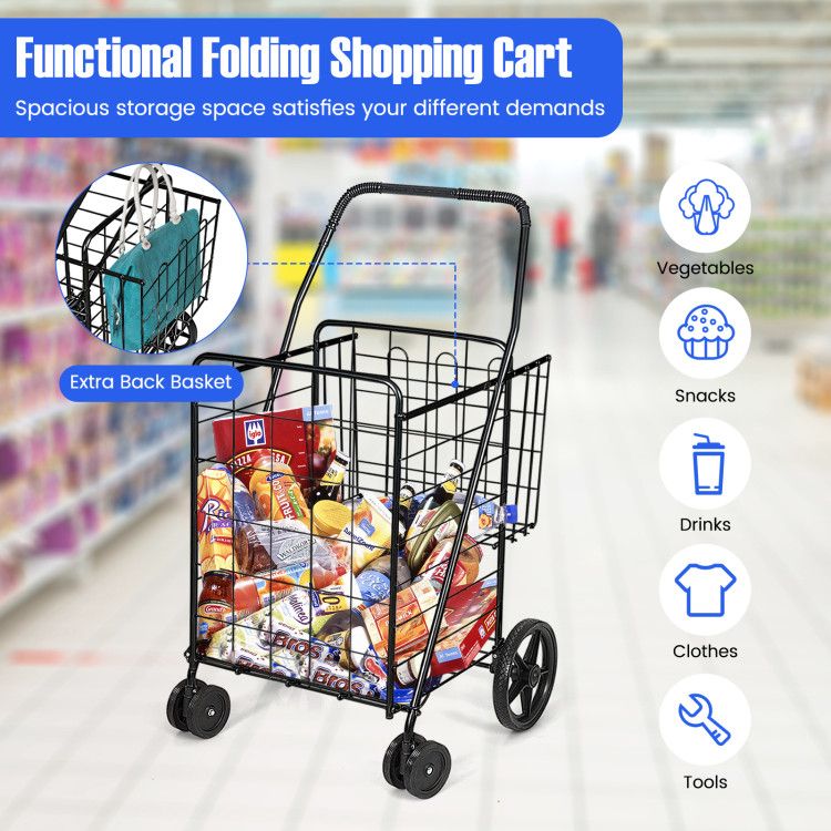 Folding Shopping Cart with Swiveling Wheels and Dual Storage Baskets - Renee Lane Company