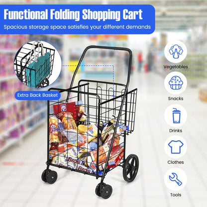 Folding Shopping Cart with Swiveling Wheels and Dual Storage Baskets - Renee Lane Company