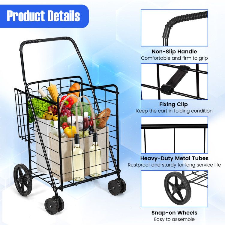 Folding Shopping Cart with Swiveling Wheels and Dual Storage Baskets - Renee Lane Company