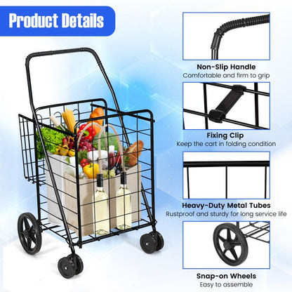 Folding Shopping Cart with Swiveling Wheels and Dual Storage Baskets - Renee Lane Company