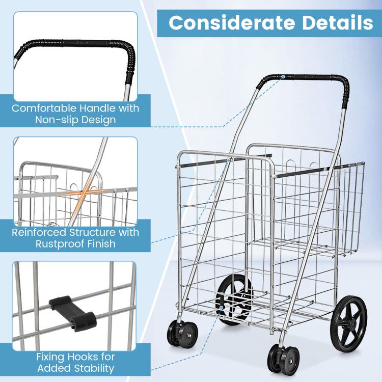 Folding Shopping Cart with Swiveling Wheels and Dual Storage Baskets - Renee Lane Company
