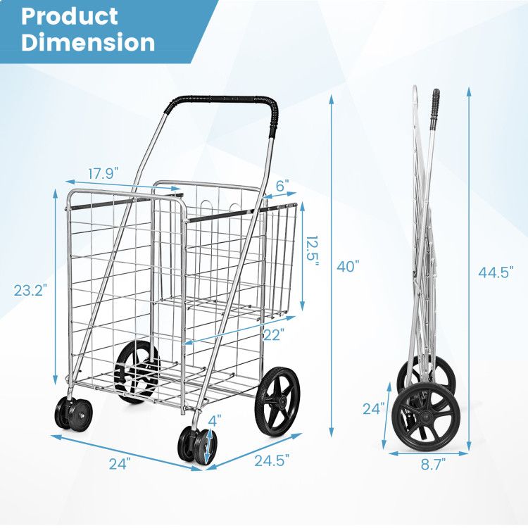 Folding Shopping Cart with Swiveling Wheels and Dual Storage Baskets - Renee Lane Company