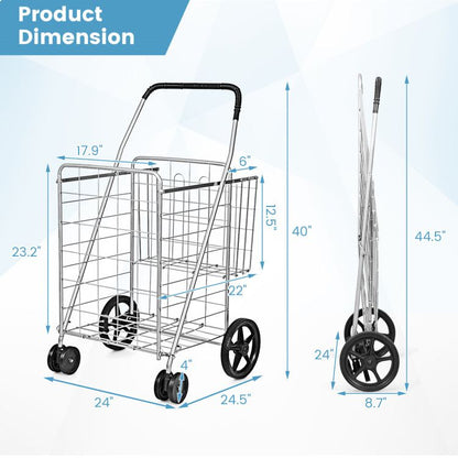 Folding Shopping Cart with Swiveling Wheels and Dual Storage Baskets - Renee Lane Company