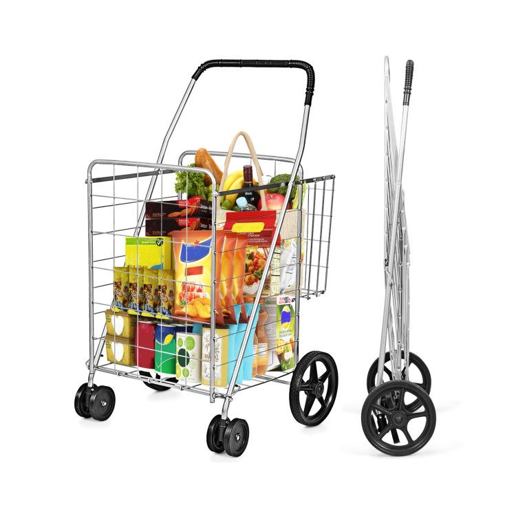Folding Shopping Cart with Swiveling Wheels and Dual Storage Baskets - Renee Lane Company