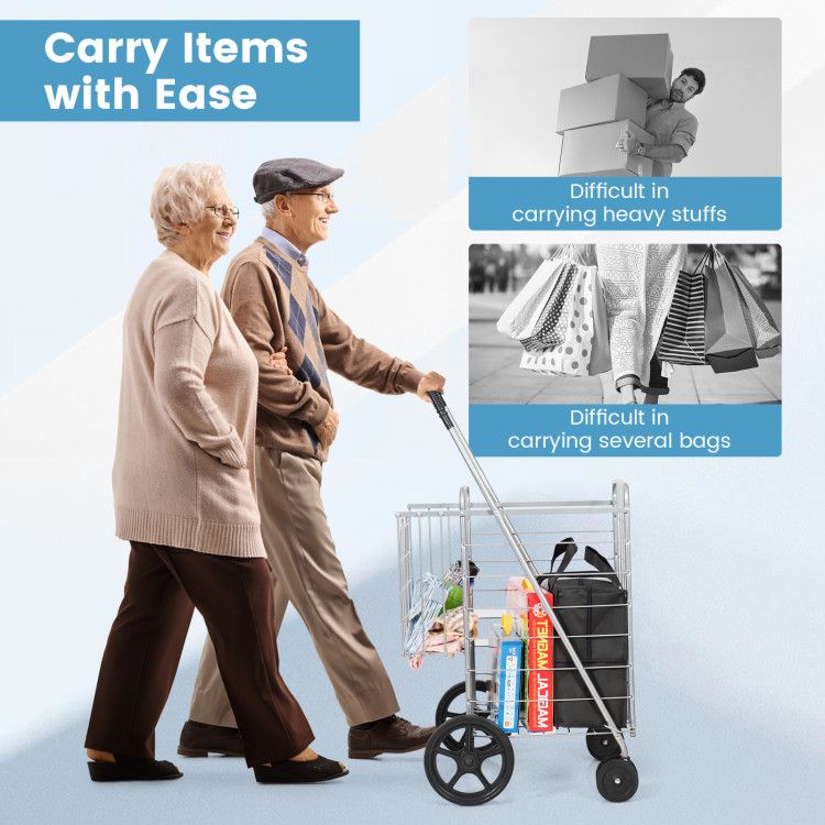 Folding Shopping Cart with Swiveling Wheels and Dual Storage Baskets - Renee Lane Company
