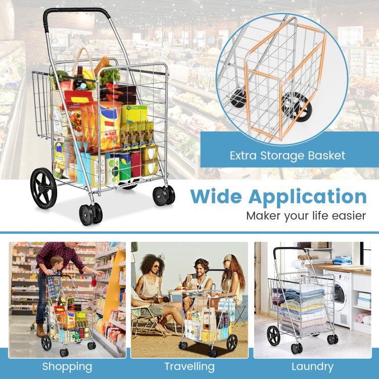 Folding Shopping Cart with Swiveling Wheels and Dual Storage Baskets - Renee Lane Company
