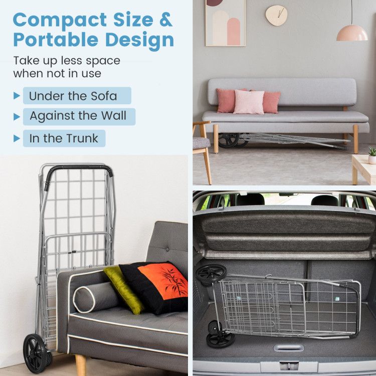 Folding Shopping Cart with Swiveling Wheels and Dual Storage Baskets - Renee Lane Company