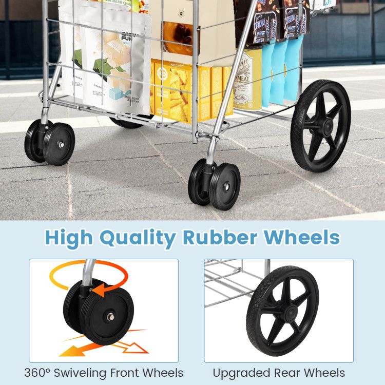 Folding Shopping Cart with Swiveling Wheels and Dual Storage Baskets - Renee Lane Company