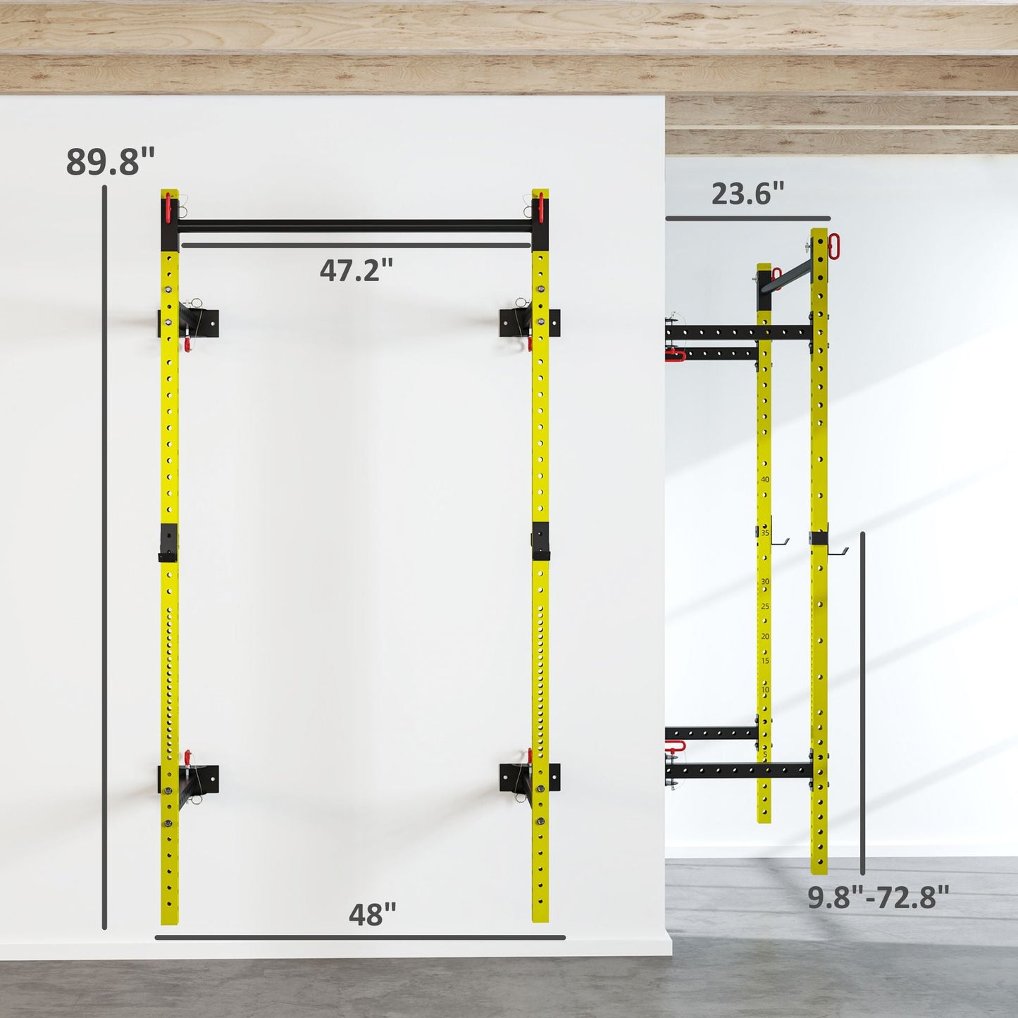 Folding Squat Rack with Pull Up Bar, Wall Mounted and Adjustable, 1000 Pounds Capacity Power Rack, Yellow - Renee Lane Company