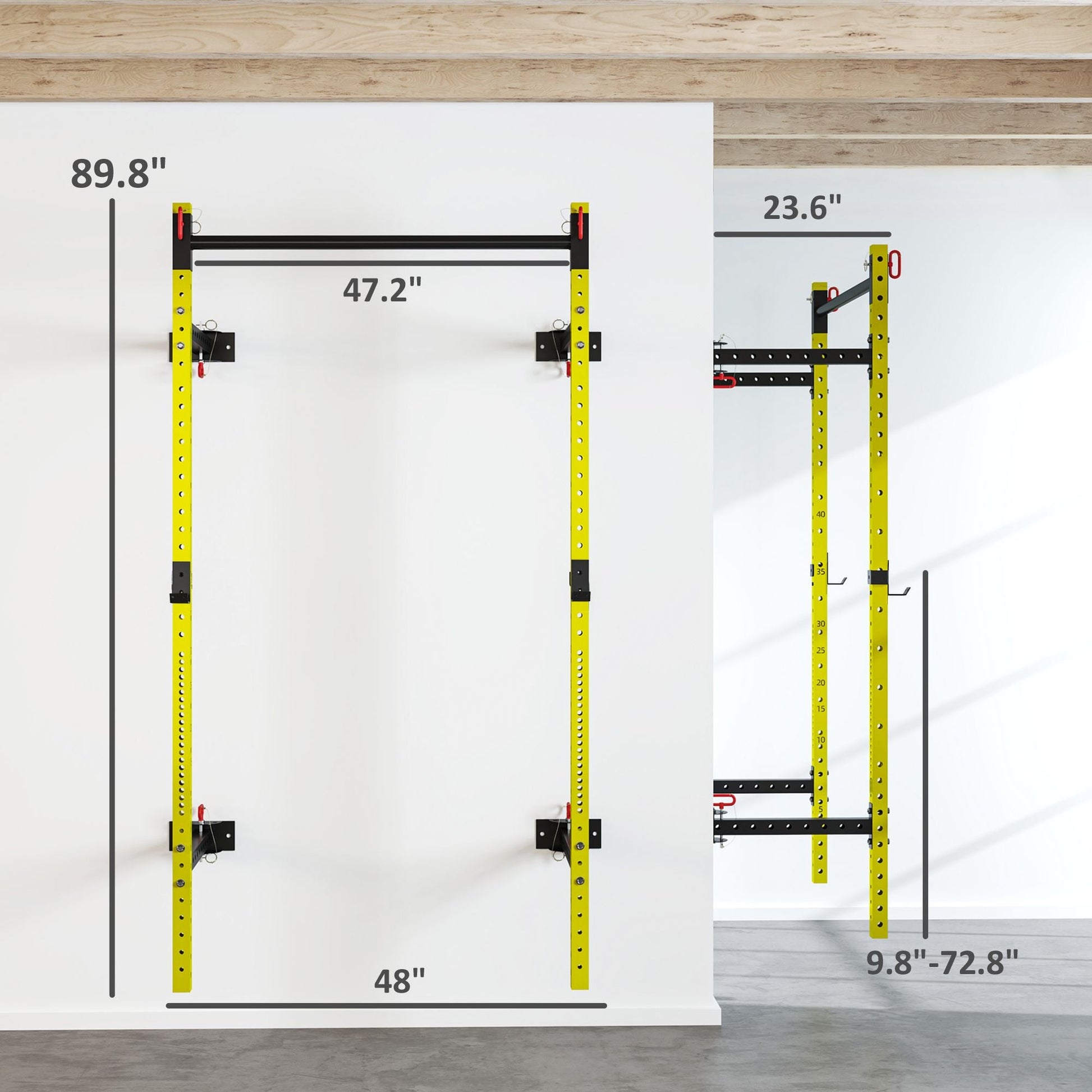 Folding Squat Rack with Pull Up Bar, Wall Mounted and Adjustable, 1000 Pounds Capacity Power Rack, Yellow - Renee Lane Company