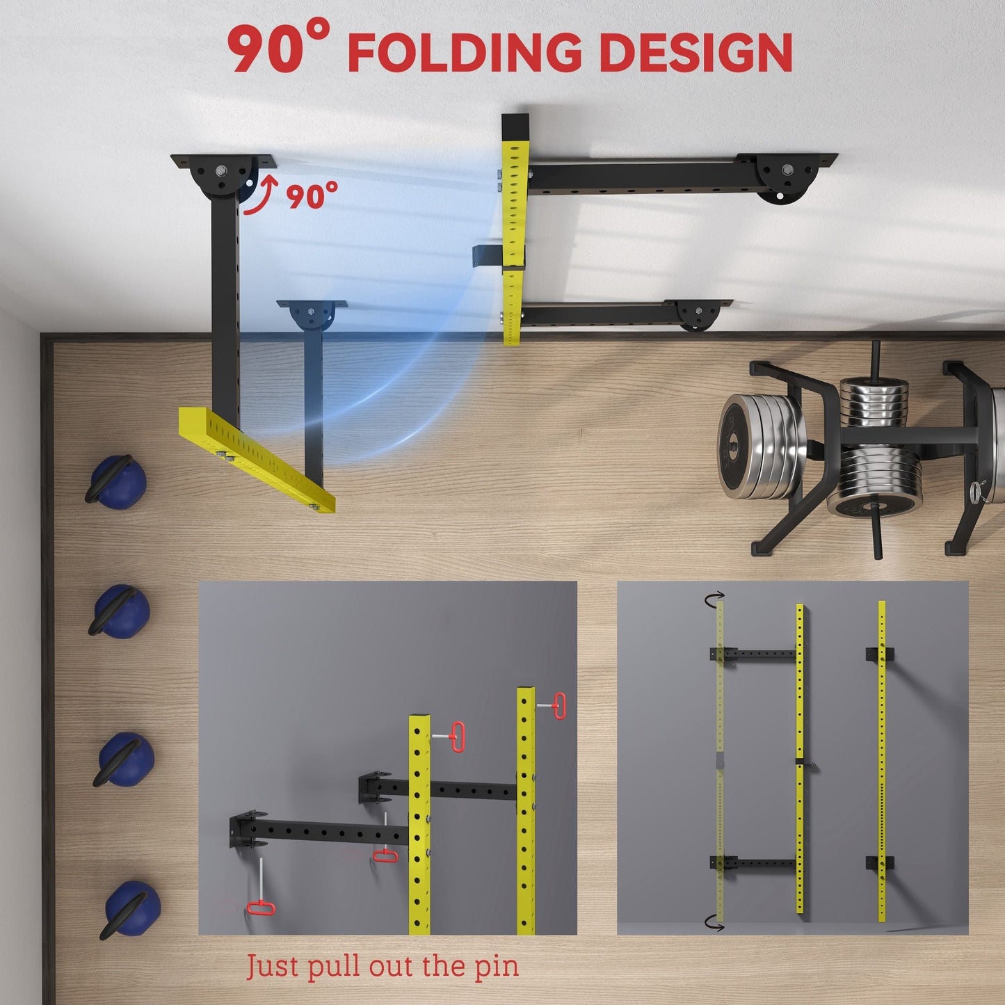 Folding Squat Rack with Pull Up Bar, Wall Mounted and Adjustable, 1000 Pounds Capacity Power Rack, Yellow - Renee Lane Company