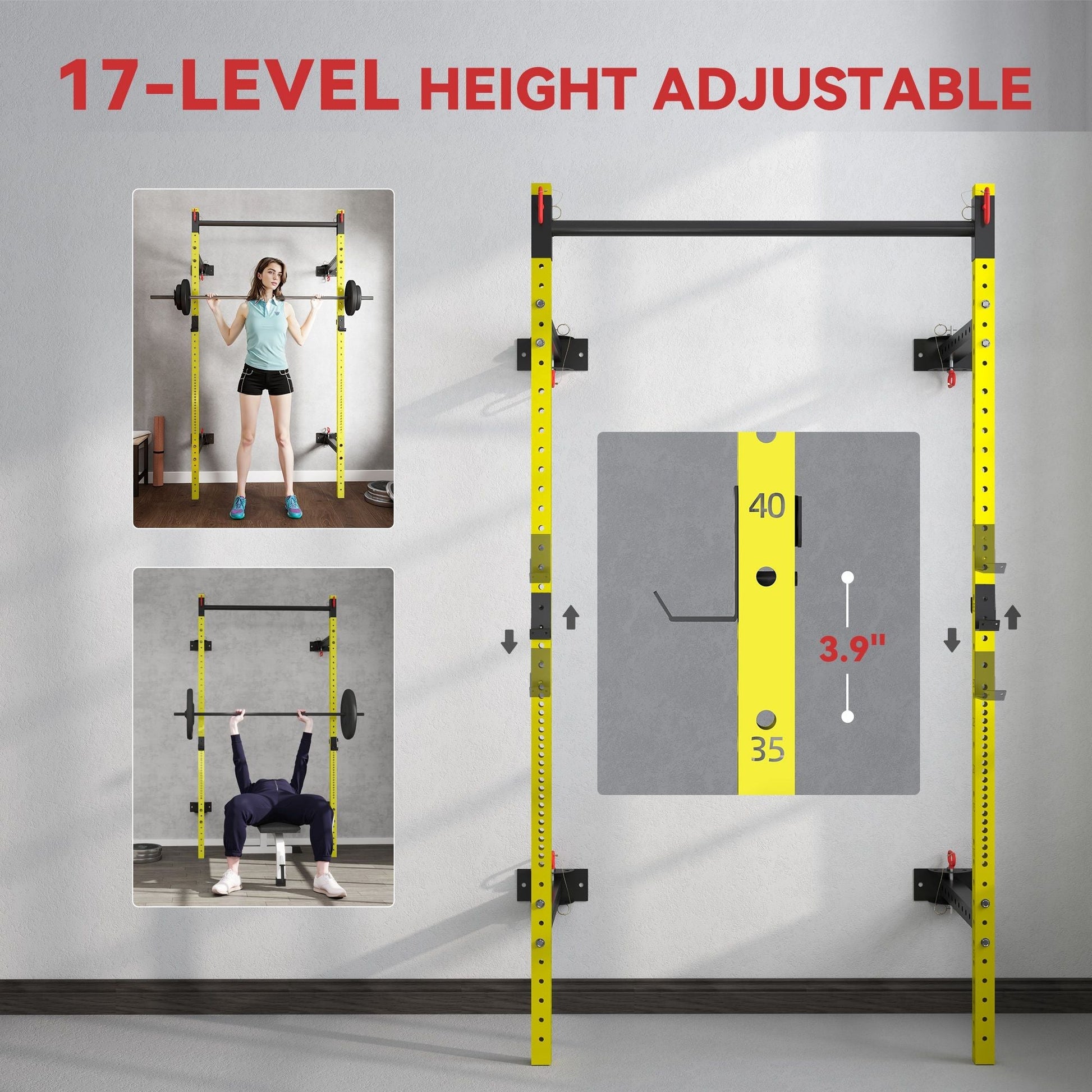 Folding Squat Rack with Pull Up Bar, Wall Mounted and Adjustable, 1000 Pounds Capacity Power Rack, Yellow - Renee Lane Company
