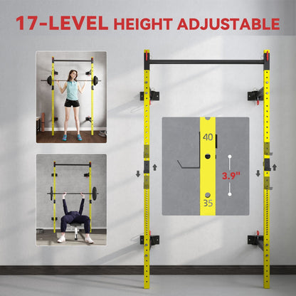 Folding Squat Rack with Pull Up Bar, Wall Mounted and Adjustable, 1000 Pounds Capacity Power Rack, Yellow - Renee Lane Company