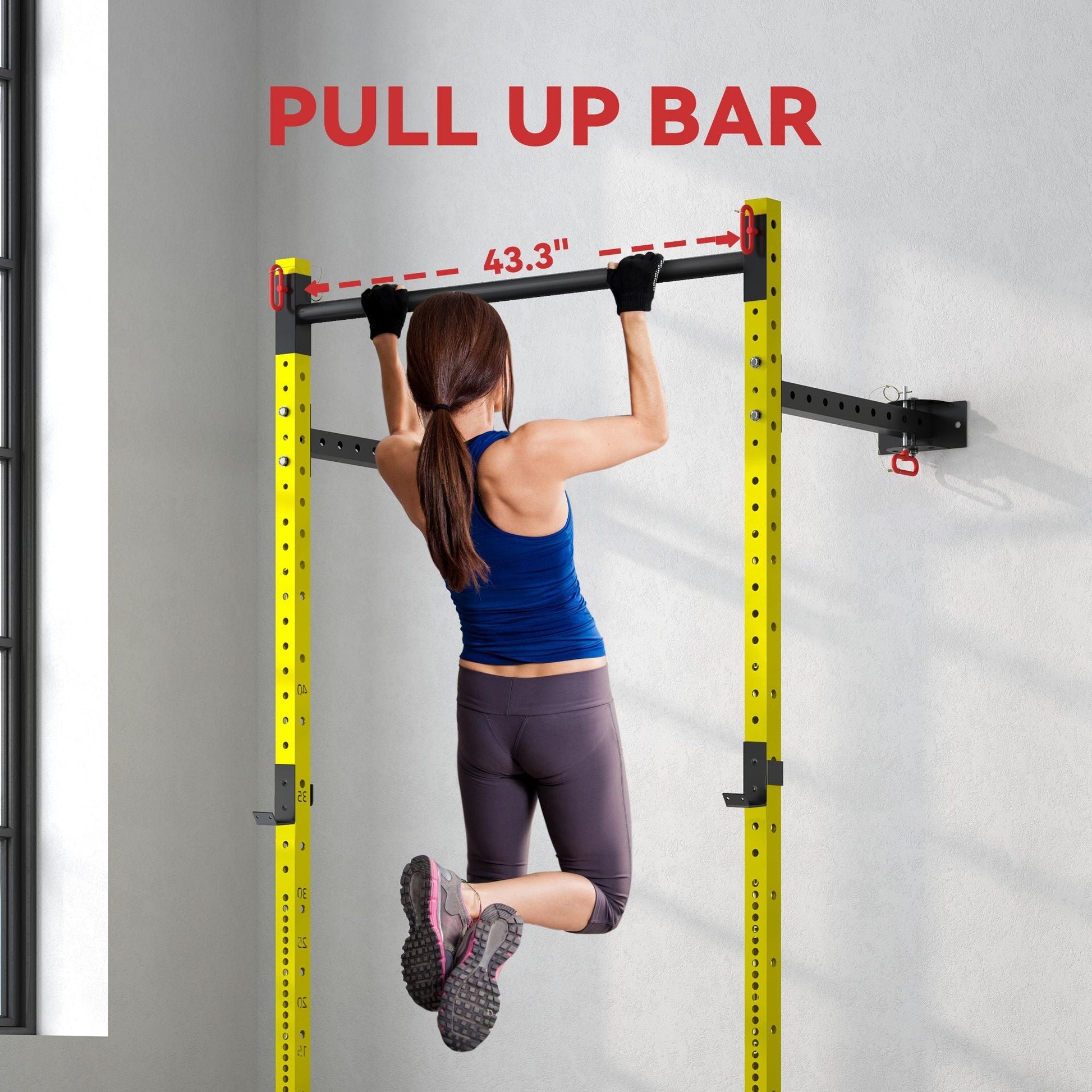 Folding Squat Rack with Pull Up Bar, Wall Mounted and Adjustable, 1000 Pounds Capacity Power Rack, Yellow - Renee Lane Company