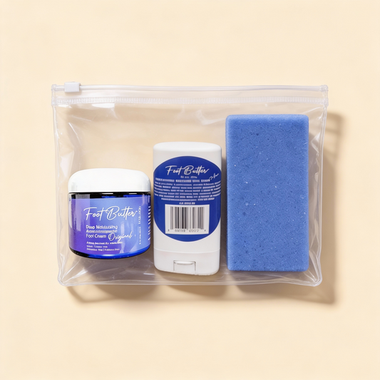 Foot butter travel set in clear zip pouch with two cream jars and a blue pumice scrub sponge