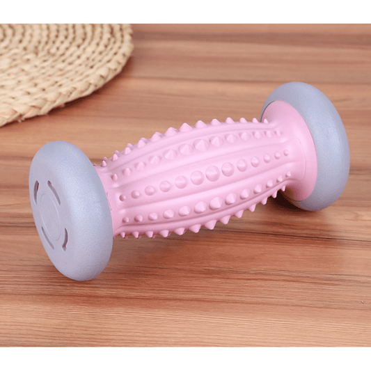 Pink and light blue foot massage roller with textured spikes and circular end caps