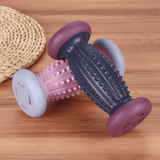 Foot massage roller with dark blue textured center, light blue sides, and maroon end caps