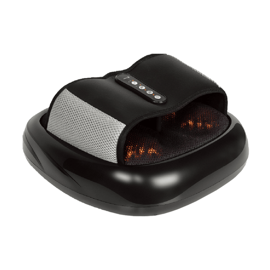 Black foot massager with heat pads, front control panel and textured side strap