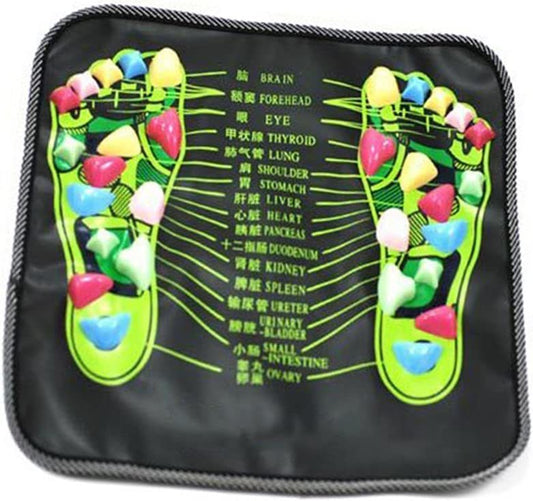 Footology foot pressure massage mat, black with green zone map and multicolor raised nodes
