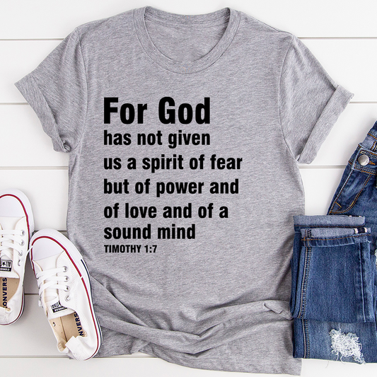 Heather gray crewneck T-shirt with bold scripture text For God...sound mind