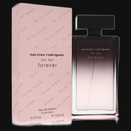 Women's eau de parfum: Narciso Rodriguez For Her Forever glass bottle, dark cap, box.