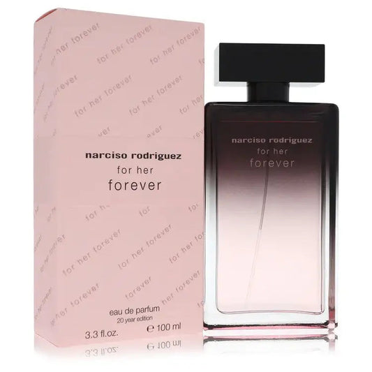 Women's eau de parfum: Narciso Rodriguez For Her Forever bottle with dark cap beside box.